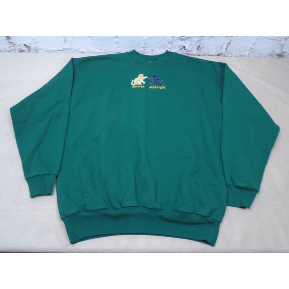 Vintage 90s Grandma Cat Sweatshirt Embroidered Butter Midknight Cute Green Large - Picture 1 of 9